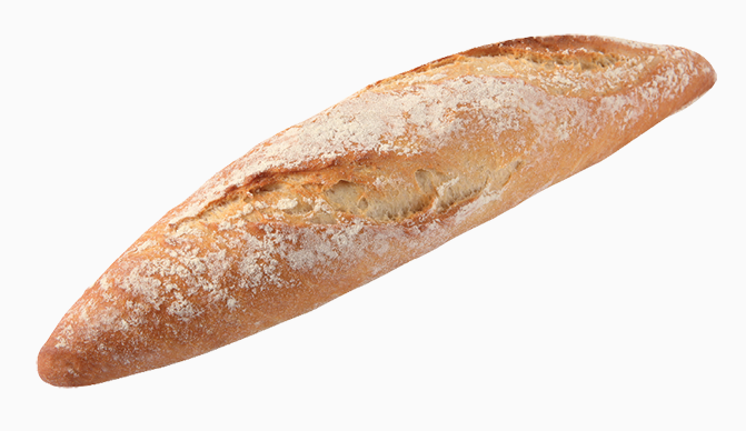 Rustikales Sandwich 50 demi-baguettes Prestige, précuites surgelées, 2 coups de lame, bouts pointus, à marque Délifrance.