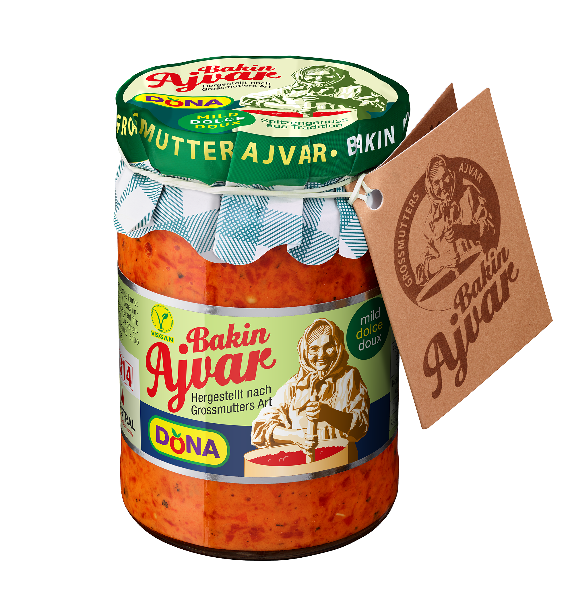 Dona Ajvar Hausgemacht 290g DONA Ajvar* hausgemacht, der schmackhafte Gemüsekaviar aus Paprika, vielfach auch in Kombination mit Aubergine und scharfer Chili, hat im südosteuropäischen Raum eine lange Tradition. Für die milde und scharfe Variante von DONA Ajvar werden sorgfältig ausgesuchte, geschälte und entkernte rote Kapia-Paprika unter ständigem Rühren so lange in etwas Öl gebraten, bis sie sich zu einer homogenen Masse vermengen. DONA Ajvar passt hervorragend zu Grillspezialitäten. Baked Potatoes oder als kreative Bei