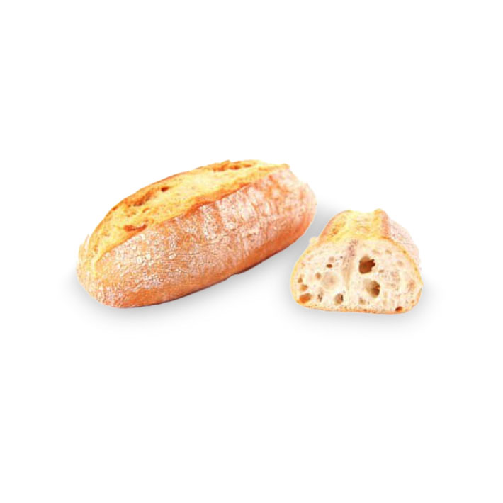 CIABATTINA 100G SAPORI Idéal pour sandwich. 
36 ciabattinas natures, cuites sur sole, précuites, surgelées, 1 coup de lame, farinées, à marque Panitaly.