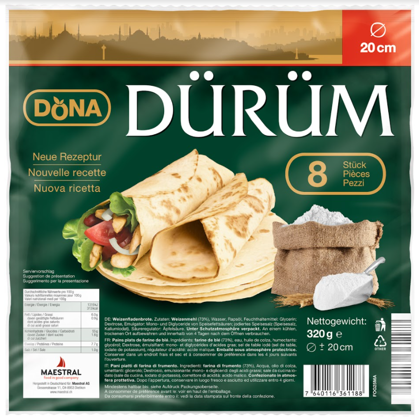 Dürüm 20cm 8 Stück / 320g Dürüm (türkisch Rolle, [dyˈɾym]) ist eine wrap-ähnliche Rolle aus Yufka-Fladenbrot mit einer variantenreichen Füllung. Gewöhnliche Füllungen sind Salat, Soße, Falafel, Çiğ Köfte und Schnittfleisch (Rind oder Hammel, in Deutschland auch Pute). Der Dürüm entstammt der türkischen Küche. Dürüm bezeichnet auch eine Variante des Döner Kebab.