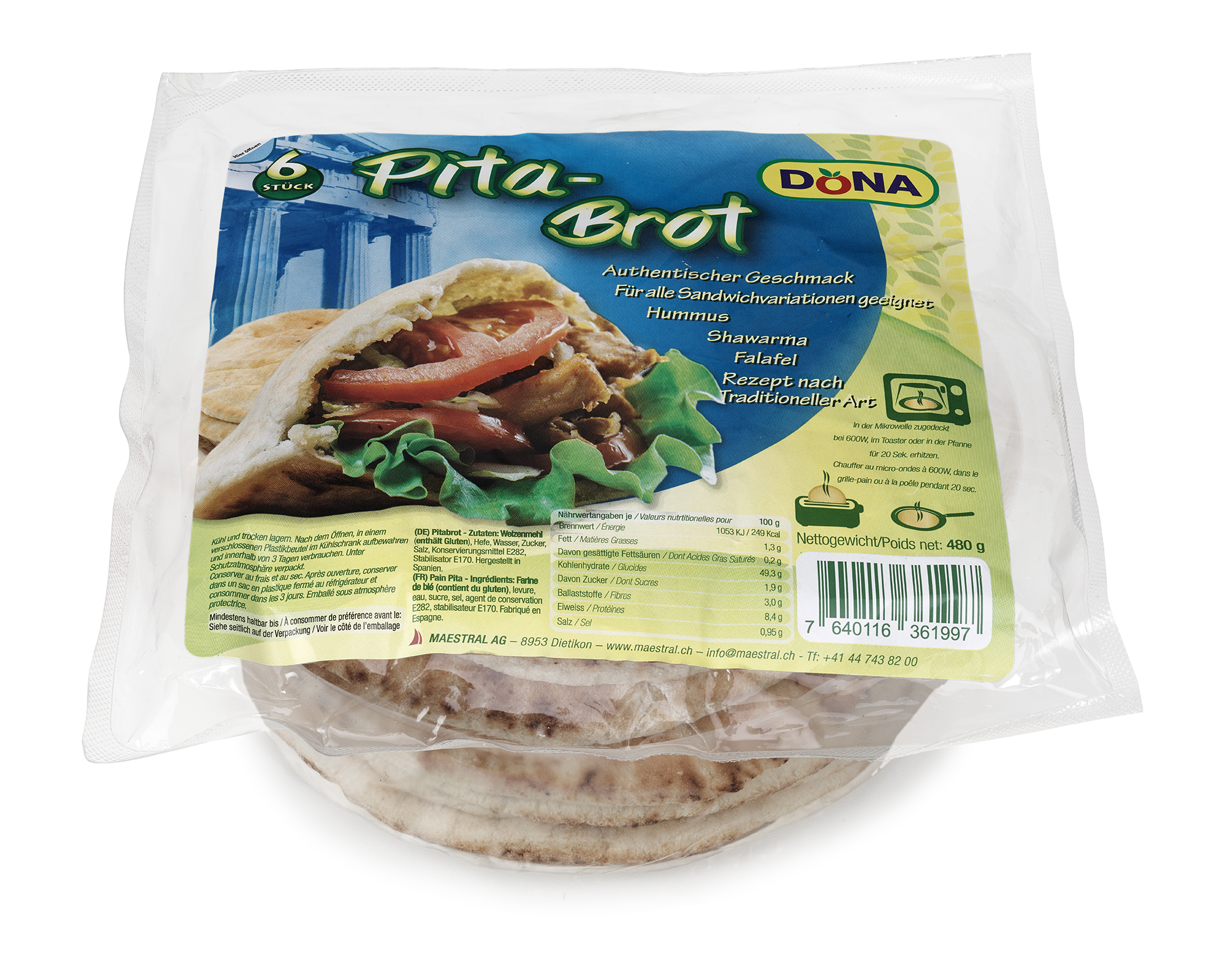 Dona Pita 480g Pita ist ein von Griechenland bis zum Nahen Osten verbreitetes, etwas dickes, weiches Fladenbrot aus Hefeteig. Es dient, mehrmals täglich frisch gebacken, als Beilage zu fast allen Mahlzeiten. In der Türkei lautet die Bezeichnung Pide, im Iran Nān-e Barbarī und in Marokko Batbout.