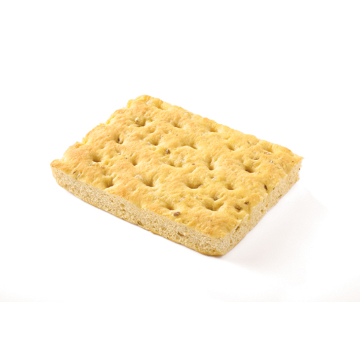 Focaccia mit Rosmarin La focaccia est fréquemment utilisée comme pain pour sandwichs mais également pour accompagner les repas. Les trous présents sur le dessus de la focaccia permettent une meilleure pénétration de l´huile d´olive à cœur et une texture interne moelleuse et un goût unique. 
18 FOCACCIAS AU ROMARIN 180G PRECUITES SURGELEES6 packs conso de 3 focaccias.